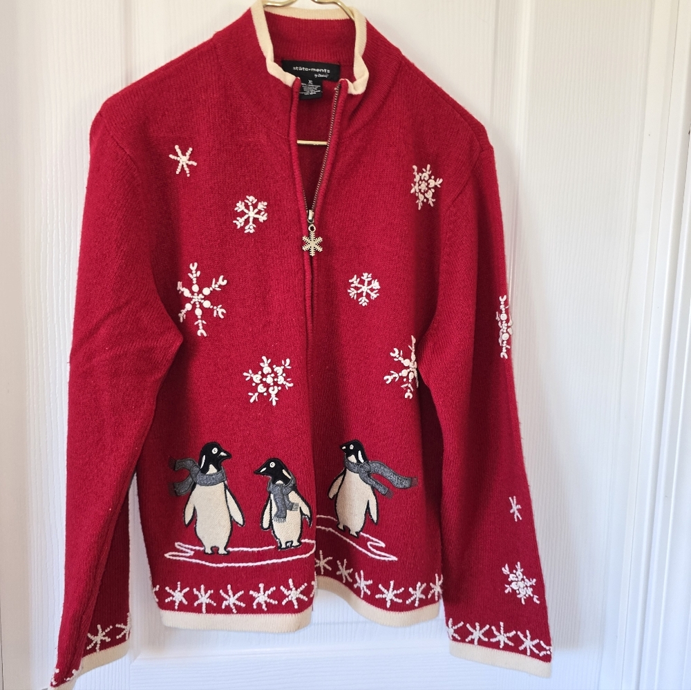 Red Lambswool Holiday Penguin Snowflake Theme Sweater by Statements